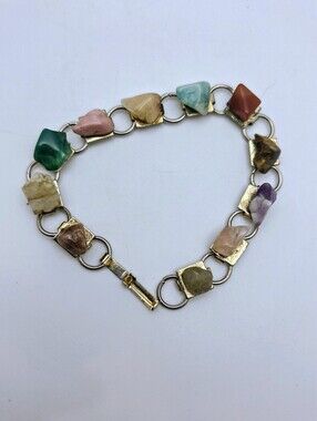 Vtg 1950s Scottish Tumbled Link Bracelet w/Multi-Colored Semi-Precious Gemstones